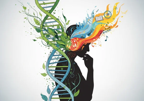 Abstract illustration of nature vs. nurture debate shaping personality