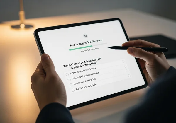 User taking an online personality test on a tablet