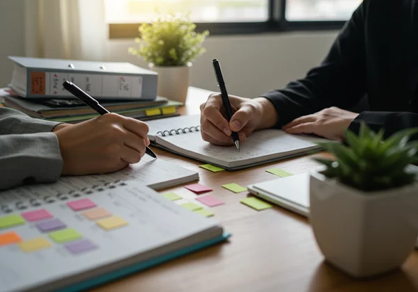 Person meticulously planning with a calendar and notes