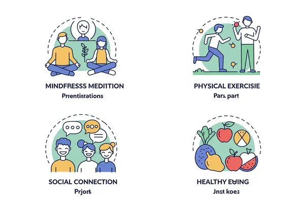 Icons representing mindfulness, CBT, exercise, and journaling techniques