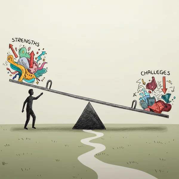 Person balancing strengths and challenges for personal growth