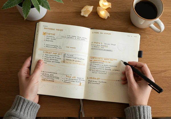 Person tracking personal growth progress in a journal